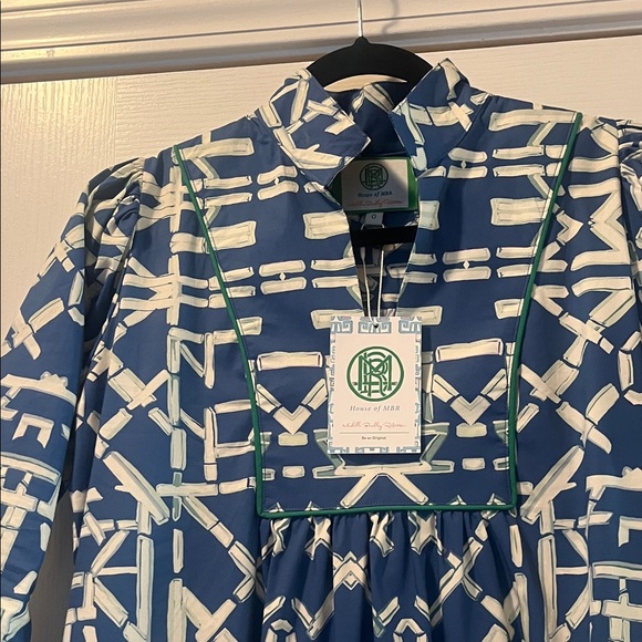 Geometric Blue and White 3/4 Sleeve Dress-Green Piping- Side Slits - Picture 2 of 2